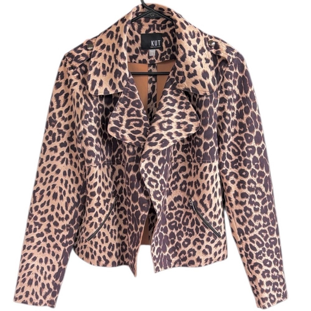 Like New Kut From The Kloth Leopard Print Draped Moto Jacket Top Medium